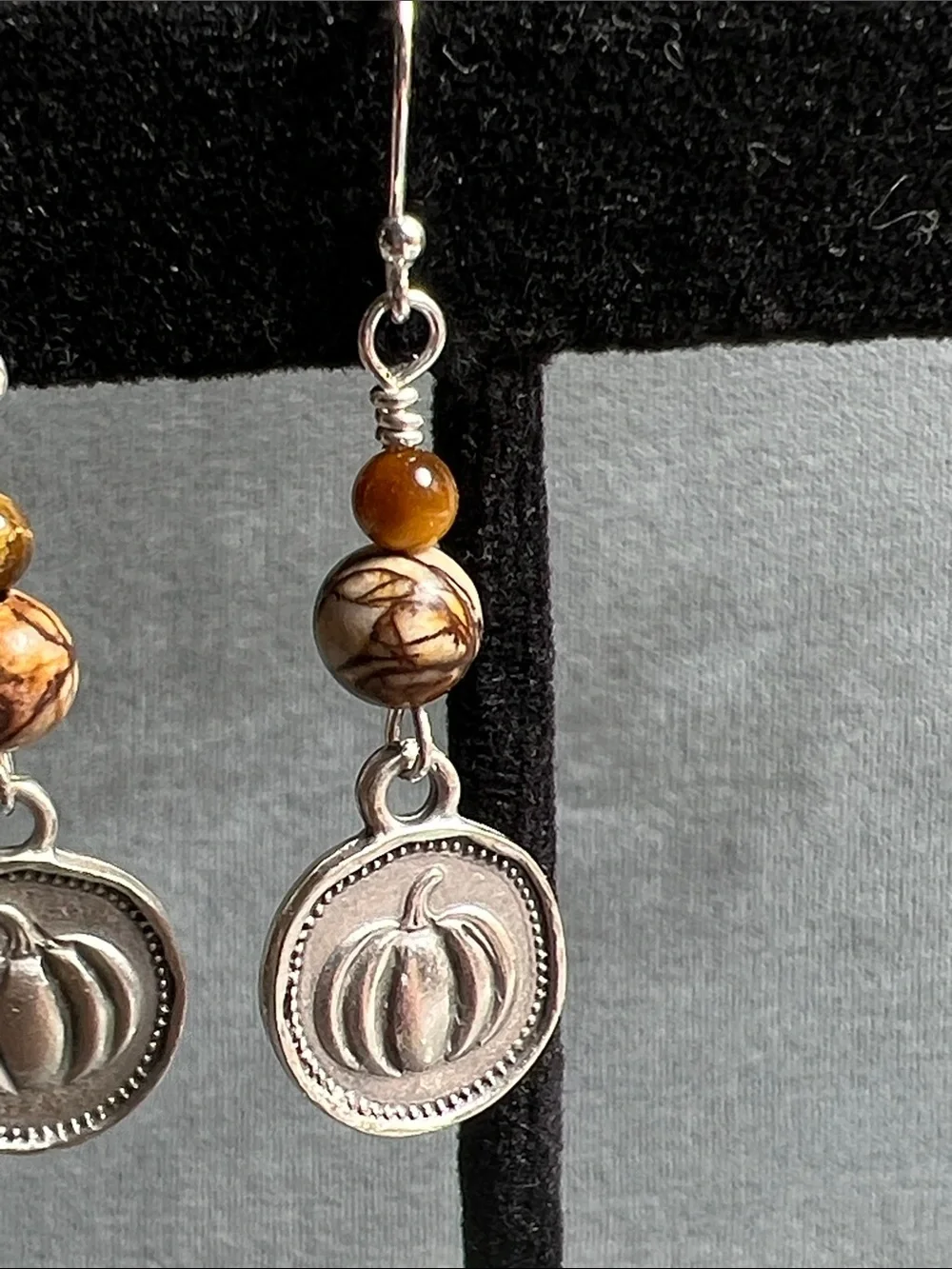 Pumpkin charm sterling 925 dangle earrings Picasso Jasper & tiger eye gemstones